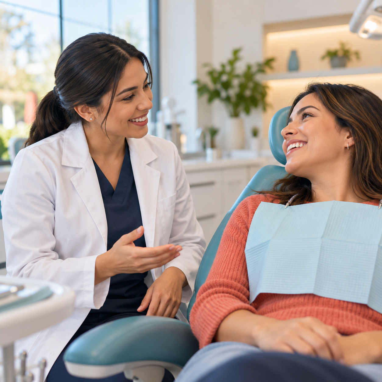 Profesional de salud acompañando a una paciente en una consulta dental