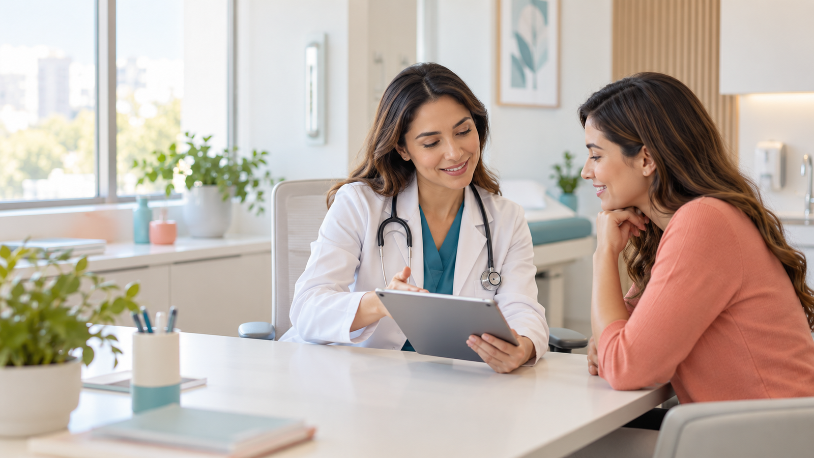 Médica explicando un tratamiento a una paciente