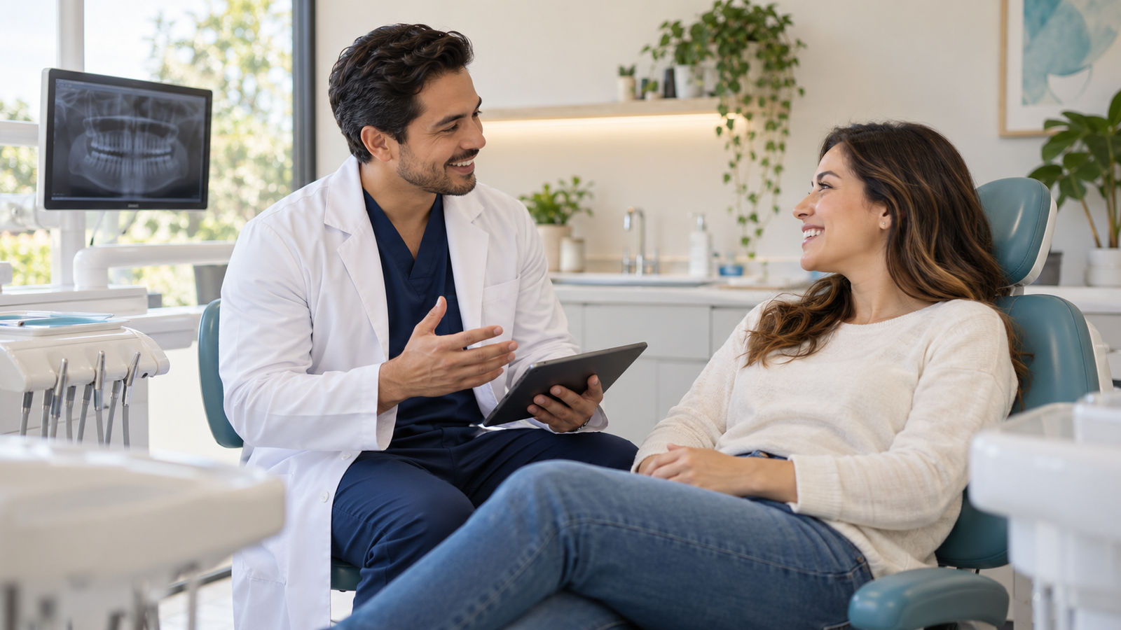 Odontólogo conversando con una paciente en consulta